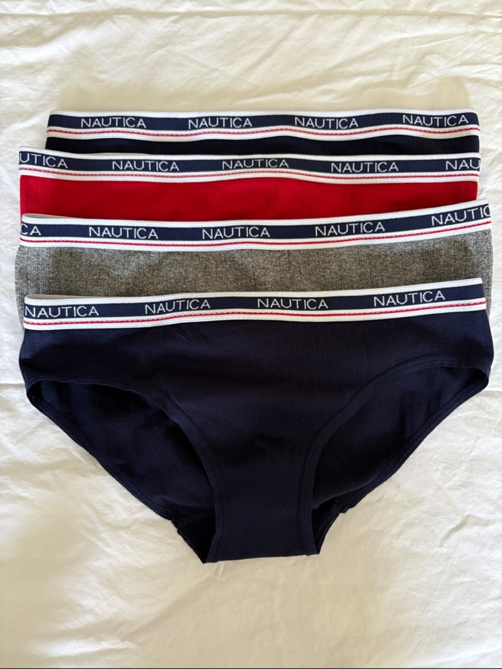 NWOT Nautica 4-Pack Ribbed Bikini Briefs in Navy, Red, & Grey. Never Worn